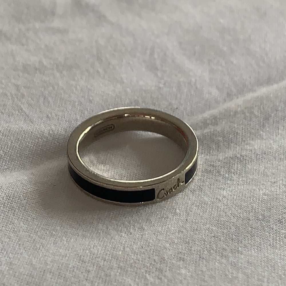 Coach Black Enamel Silver Ring Band Size 7